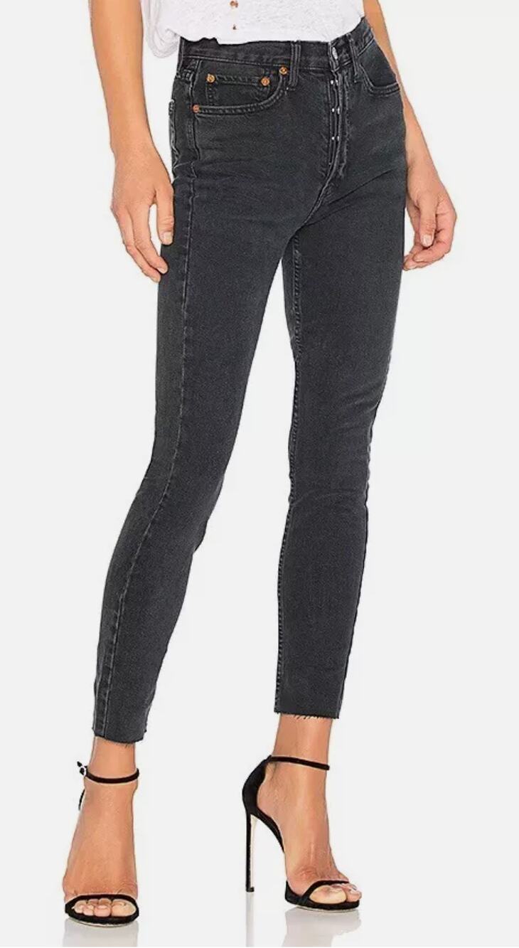 Re/Done Redone Jeans Raw Fray Hem Button Fly 721-3WHRAC Washed Black Womens 29